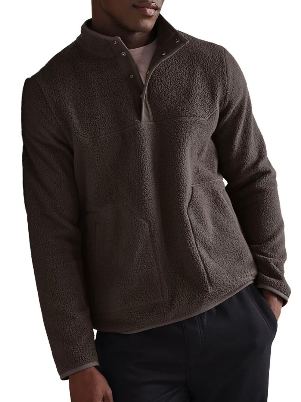 Rhone Men's Fairbanks Fleece Pullover 4 Snap Mockneck Pocket Sweater Cafe Noir